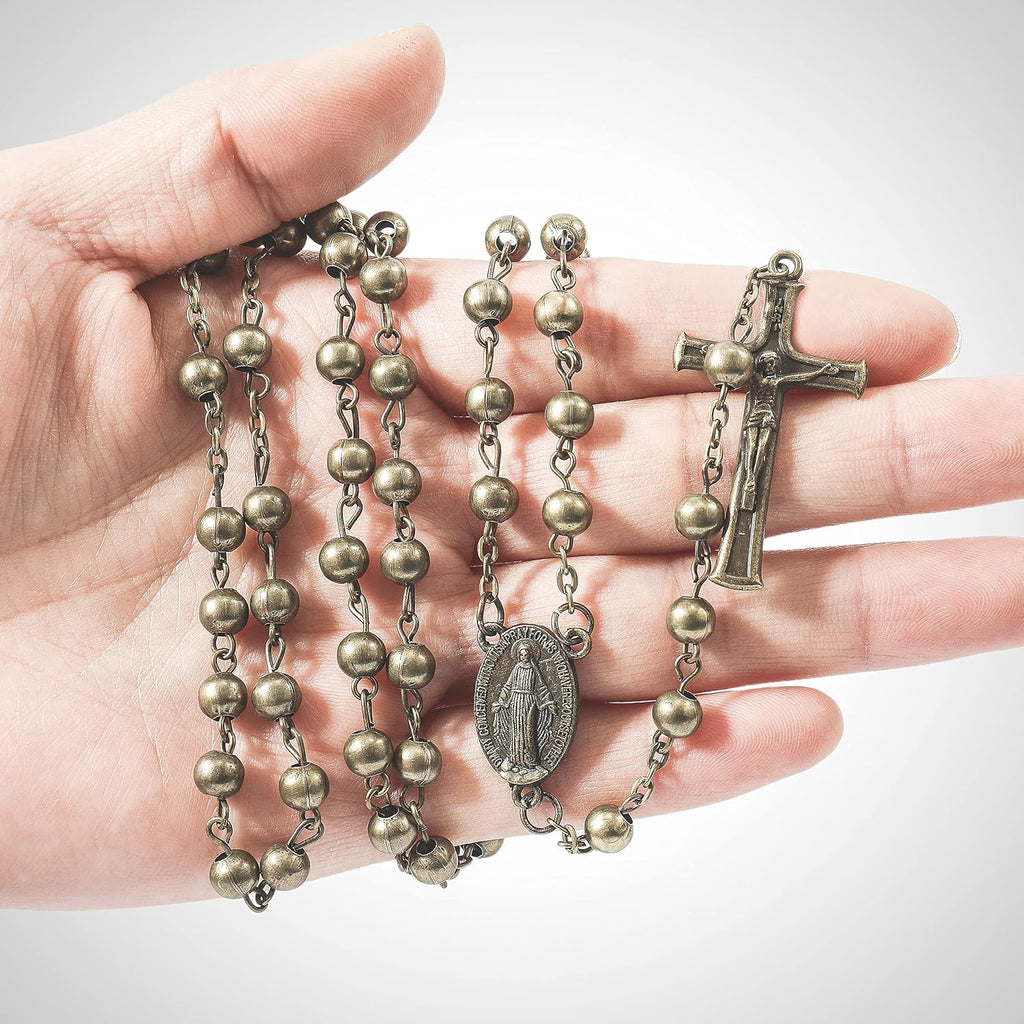 Nazareth Store WWII Combat Design Bronze Rosary Beads Handmade Metal Beaded Men Necklace Miraculous Medal with Jesus