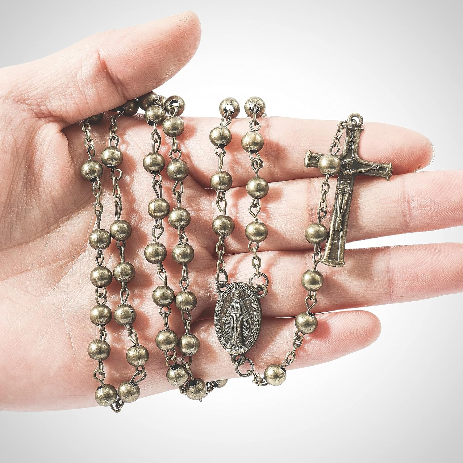 Nazareth Store WWII Combat Design Bronze Rosary Beads Handmade Metal Beaded Men Necklace Miraculous Medal with Jesus