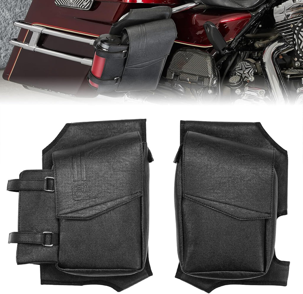 Side Saddlebag Guard Bag Organizer with Bottle Holder PU Leather | Compatible with Touring Road King Electra Glide