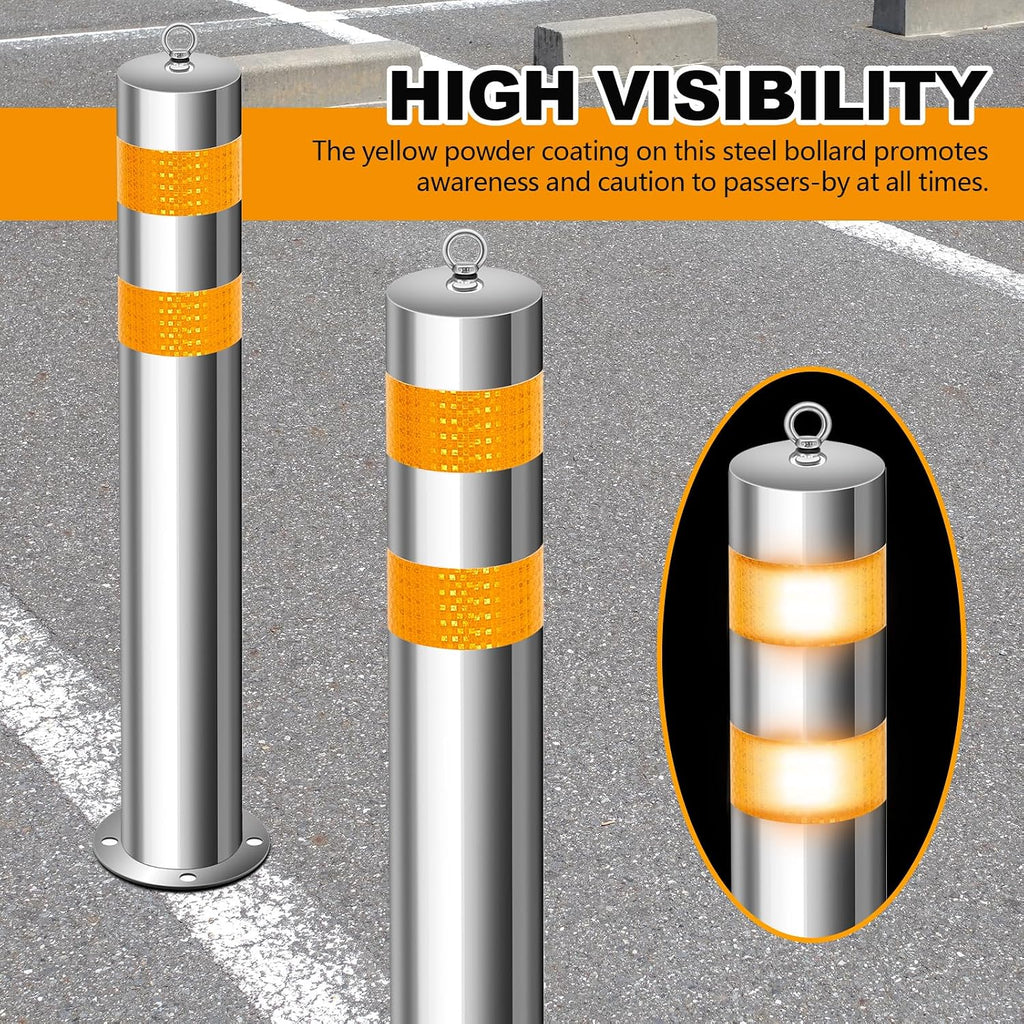 31.5 Inch Stainless Steel Bollard Post with Anchor Bolts Parking Barrier Block Safety Bollard Covers with Reflective