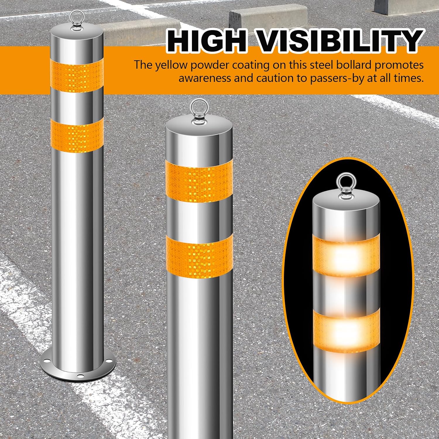 31.5 Inch Stainless Steel Bollard Post with Anchor Bolts Parking Barrier Block Safety Bollard Covers with Reflective