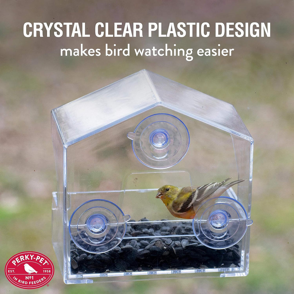 Clear Outdoor Window Bird Feeder with Strong Suction Cups – 1/2 Lb Seed Capacity - Perky Pet 345 - Entertaining Bird