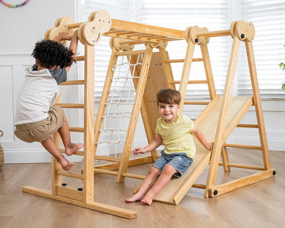 7-in-1 Indoor Playset for Kids 2-6 with Slide, Climbing Wall, Ladder, Net, Bars, Swing, Ring - USA