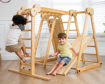 7-in-1 Indoor Playset for Kids 2-6 with Slide, Climbing Wall, Ladder, Net, Bars, Swing, Ring - USA