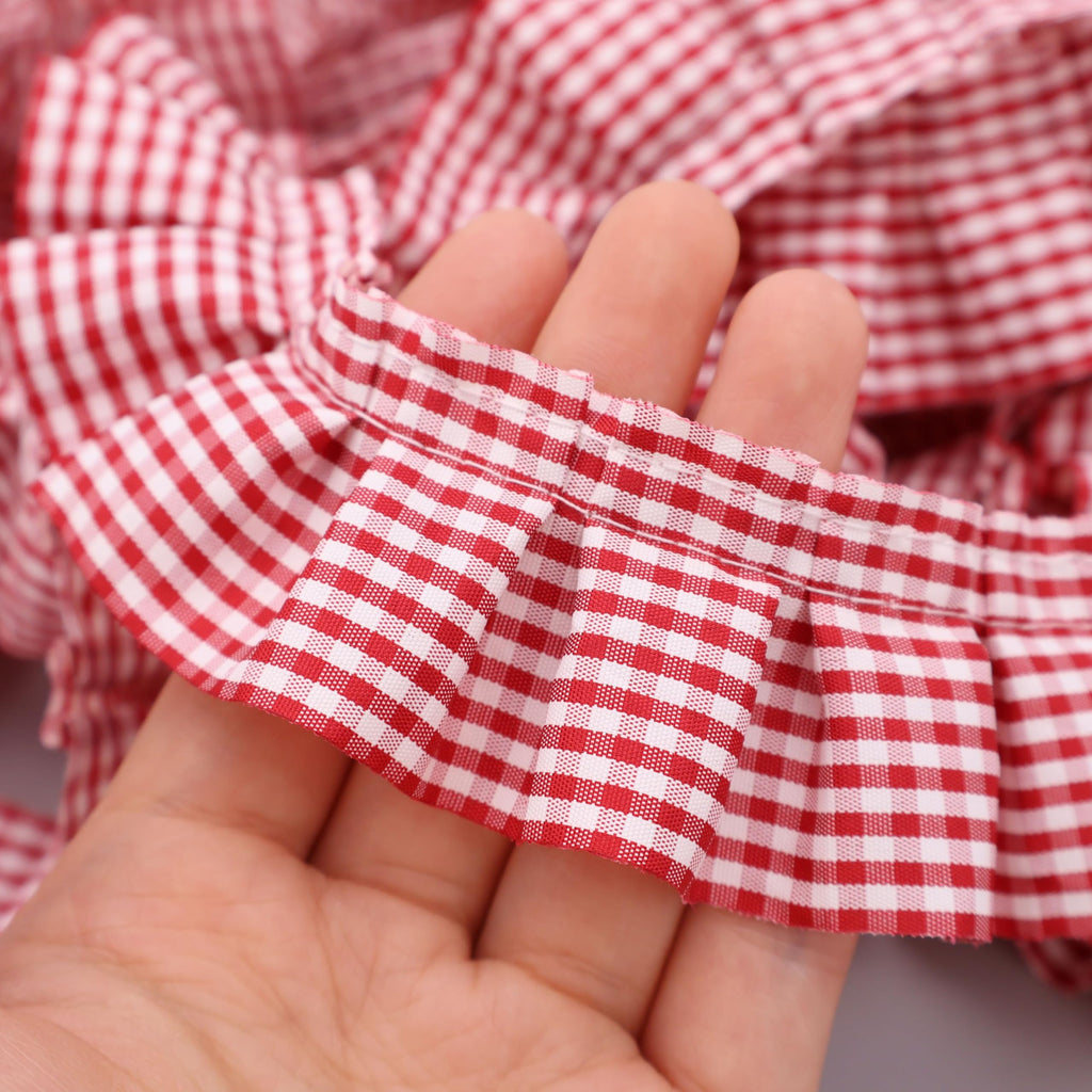 Red Gingham Ruffle Trim, 1.67 Inch x 5 Yards, Gathered Ribbon