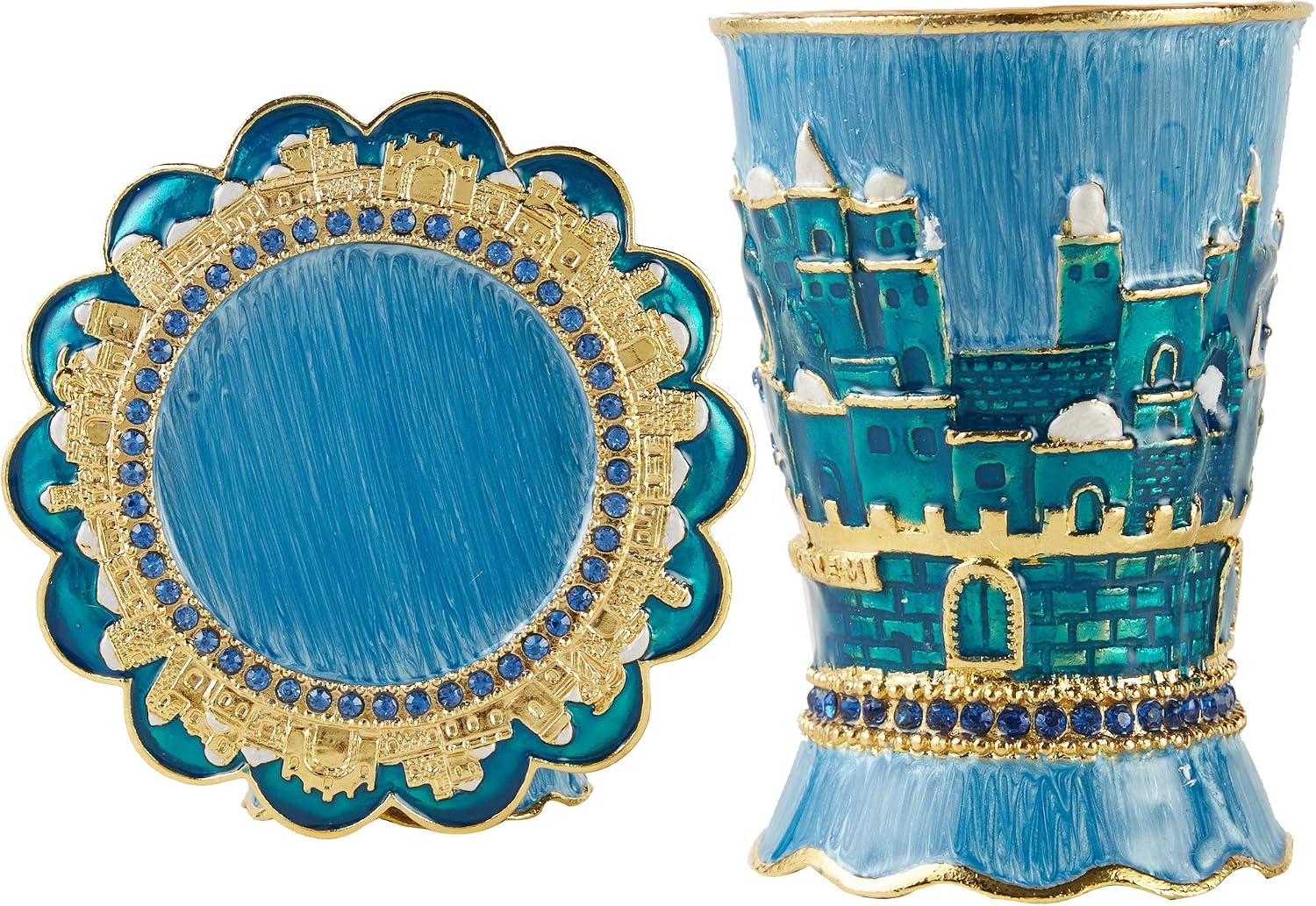 Hand-Painted Enamel 3.3'' Tall Kiddush Cup Set with Tray