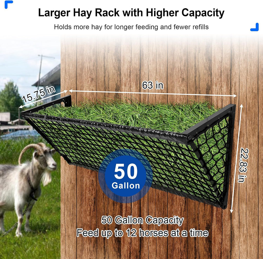 Upgraded Hay Feeder for Goats with Net, 63Inch Long Wall Hay Rack with 50Gallon Large Capacity, Blanket Hay Holder