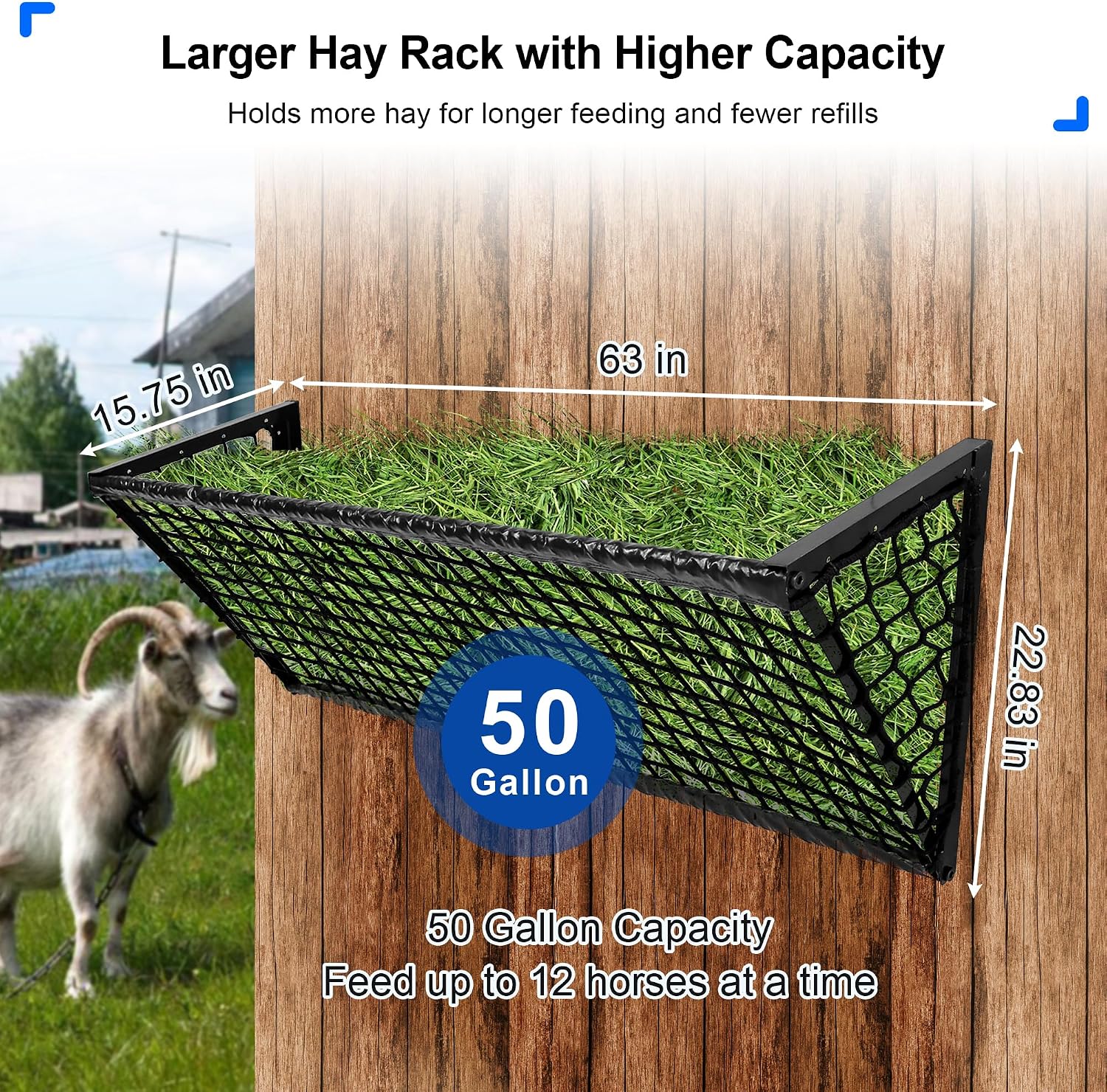 Upgraded Hay Feeder for Goats with Net, 63Inch Long Wall Hay Rack with 50Gallon Large Capacity, Blanket Hay Holder