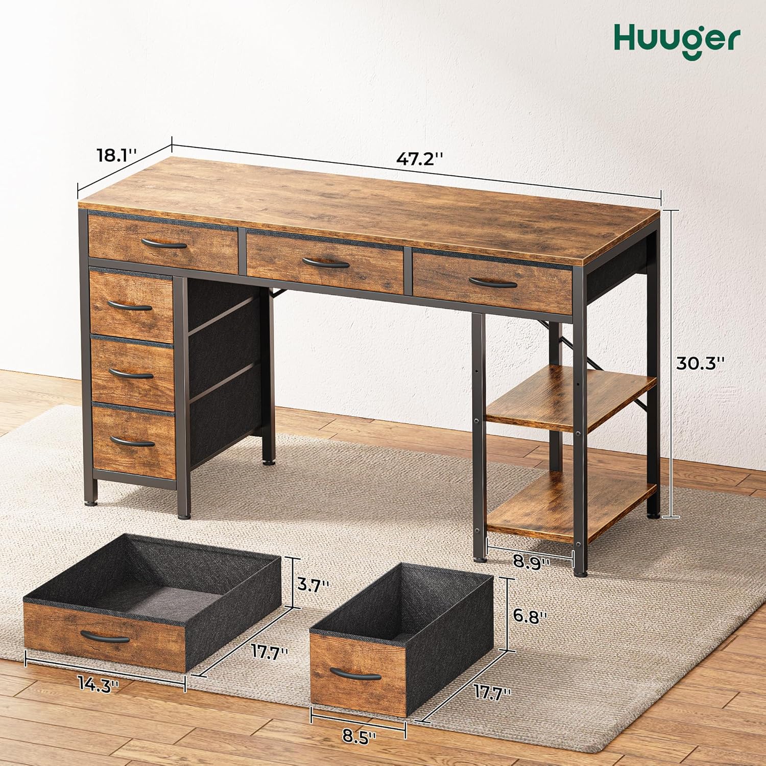 Computer Desk with 6 Drawers, Office Desk with Shelves, Reversible Gaming Desk, Corner Desk with Storage, Work for
