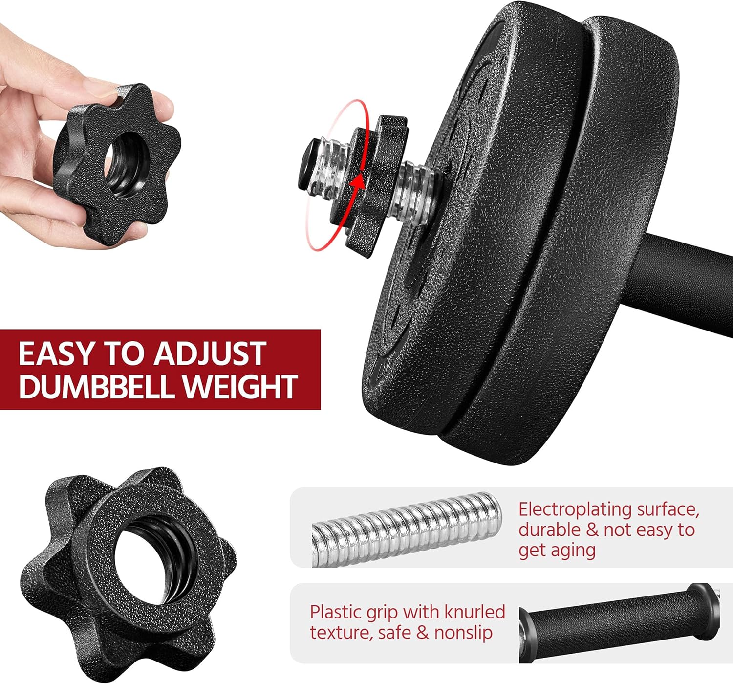 Adjustable Dumbbell Set Free Weights with Spinlock Collars, Black | Concrete-filled plastic plates, iron bar