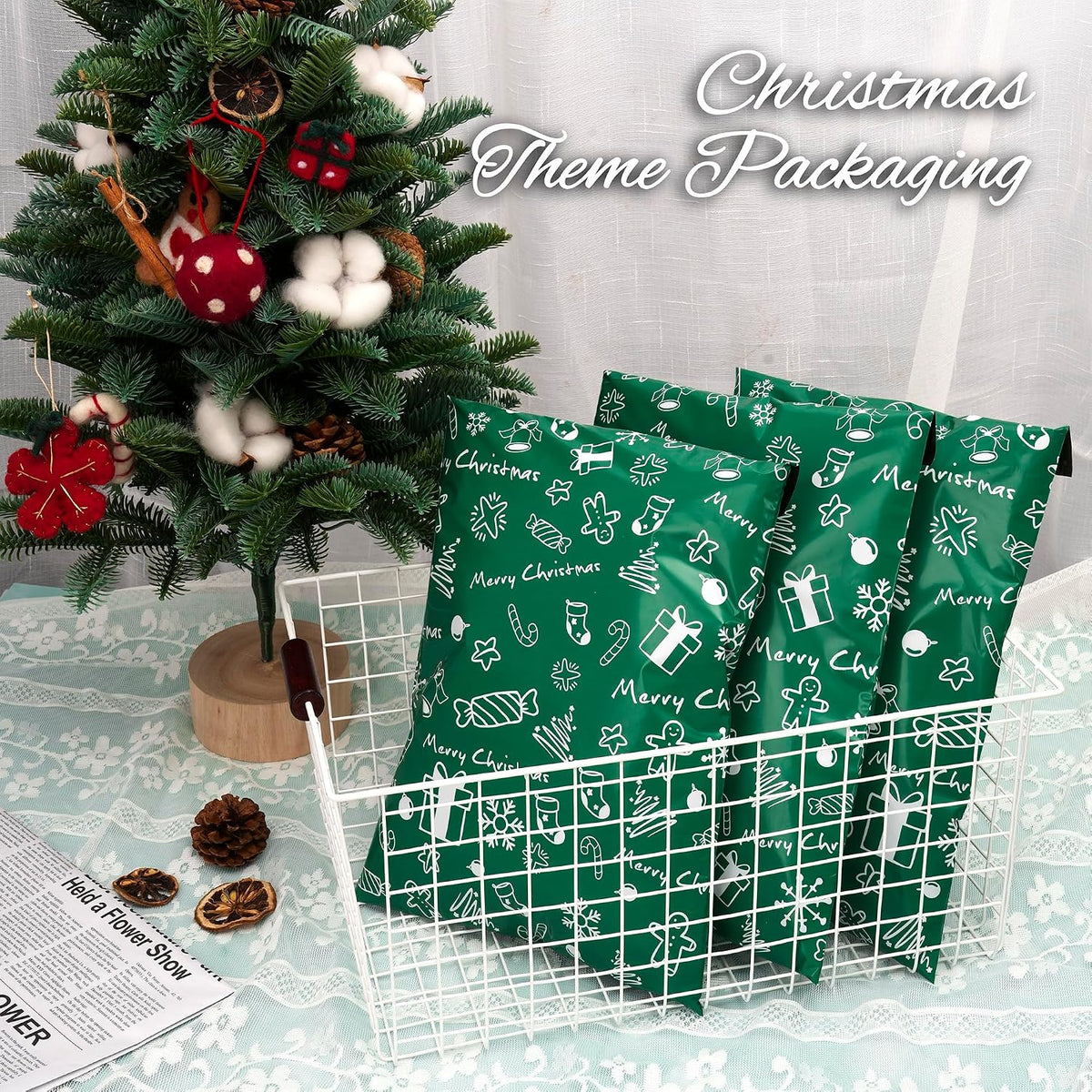Christmas Poly Mailers 6x9 Inch 100 Pcs, Green Merry Christmas