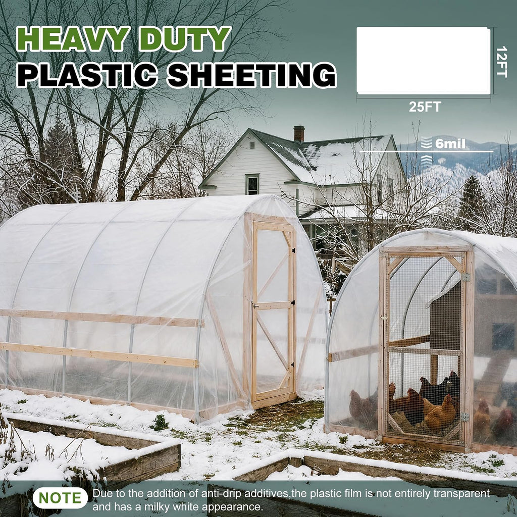 6 Mil Plastic Sheeting, 12x25 FT, Greenhouse Plastic,Heavy Duty | UV Resistant, Tear-Resistant,Waterproof