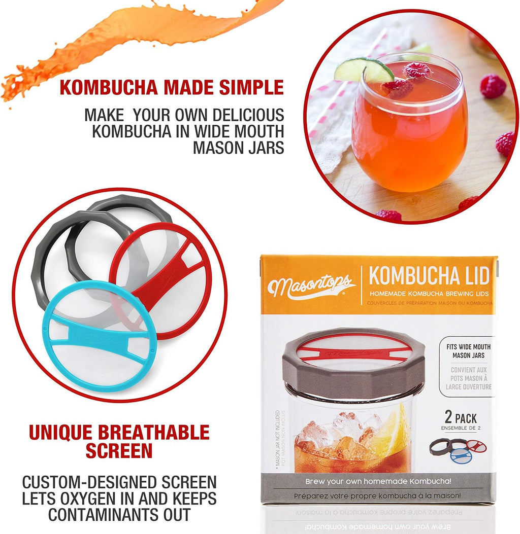 Kombucha Lid - Home Brewing Mason Jar Supplies - Live Organic Kombucha Making Starter Kit - Scoby Not Included 2-Pack