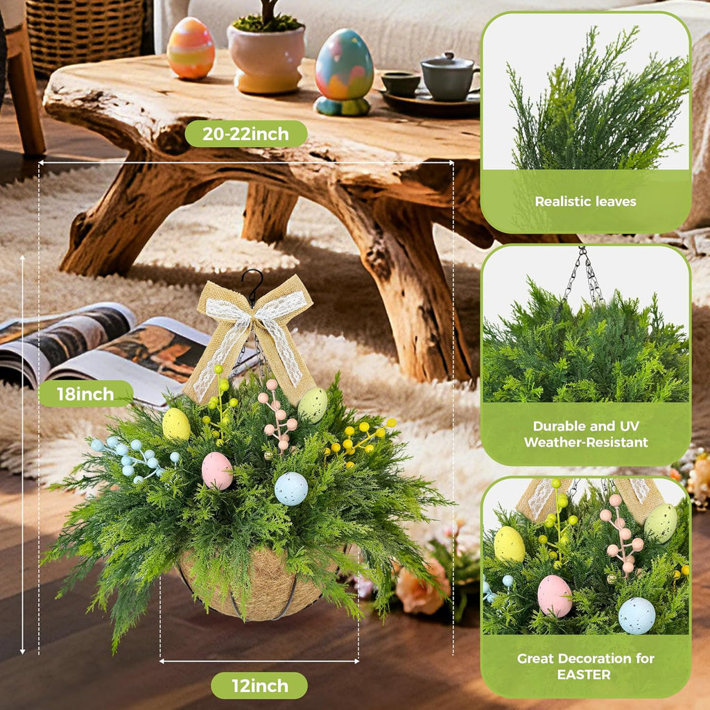 Set of 2 Easter Artificial Hanging Plant Flower Baskets, Fake Planter Hanging with 24 Pcs Cypress Leaves, Faux Ferns