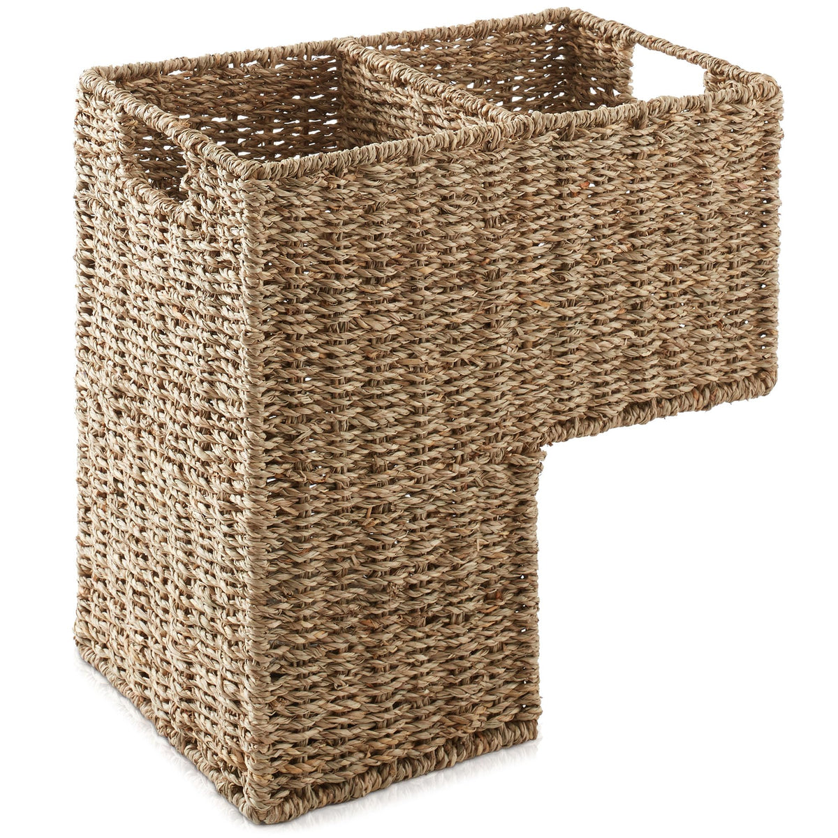 Stair Step Basket with Handles, Natural - Woven Seagrass Staircase Basket Storage Bin Organizer