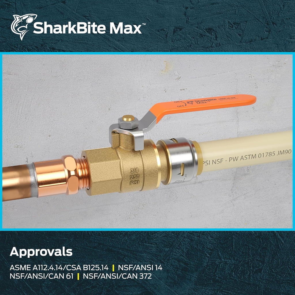 SharkBite Max 3/4 x 3/4 Inch Ball Valve with FNPT Connector, Push to Connect Brass Plumbing Fitting, PEX Pipe, Copper, CPVC, PE-RT, HDPE, UR22186A