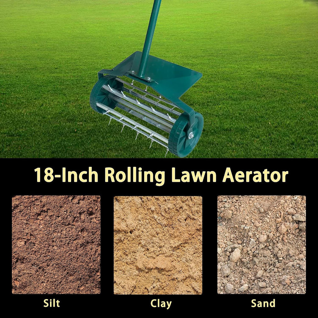18-Inch Heavy-Duty Rotary Spike Lawn Aerator for Garden & Yard, w/Mud Guard