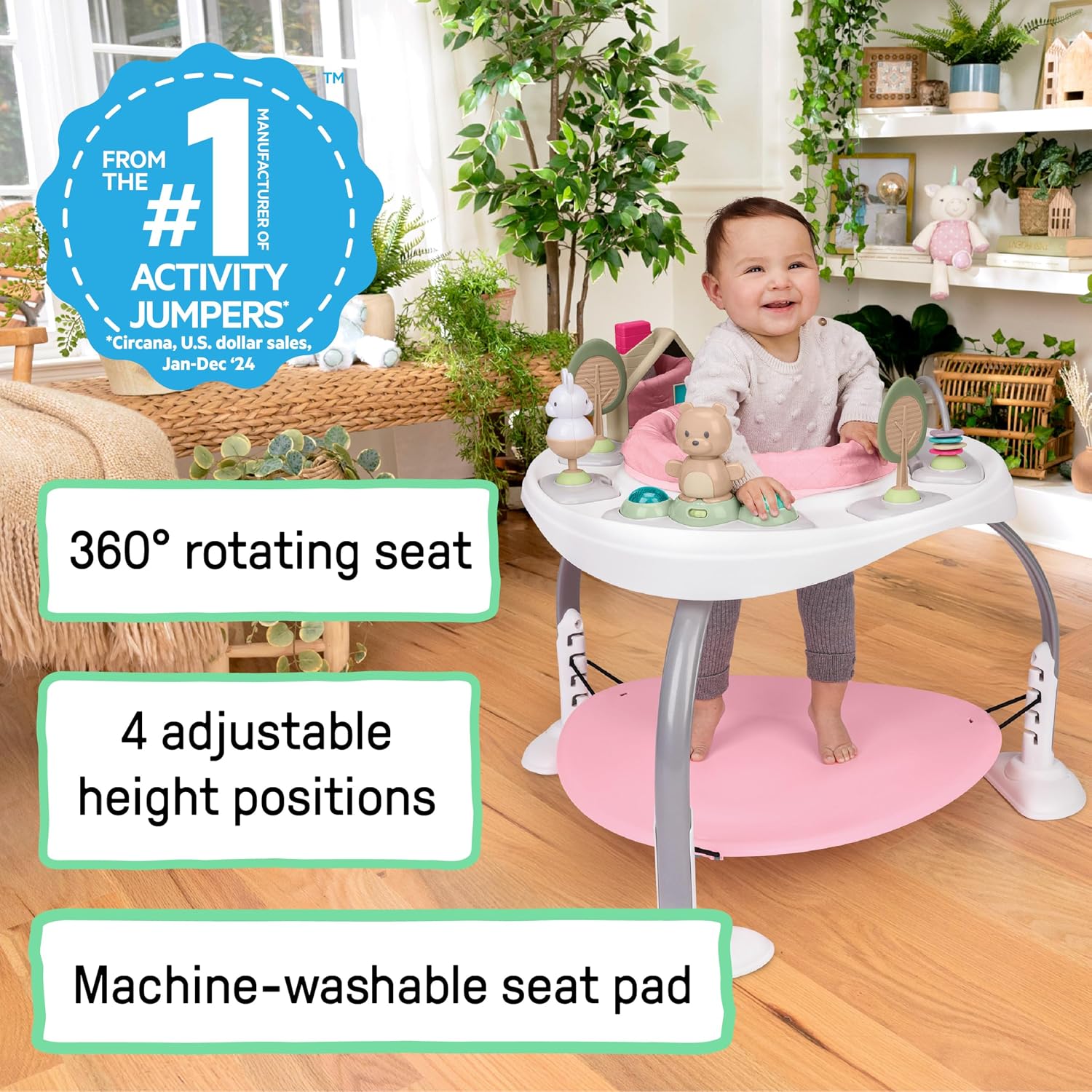 Spring & Sprout 2-in-1 Baby Activity Center Jumper and Table with Infant Toys - Ages 6 Months +, First Forest in Pink