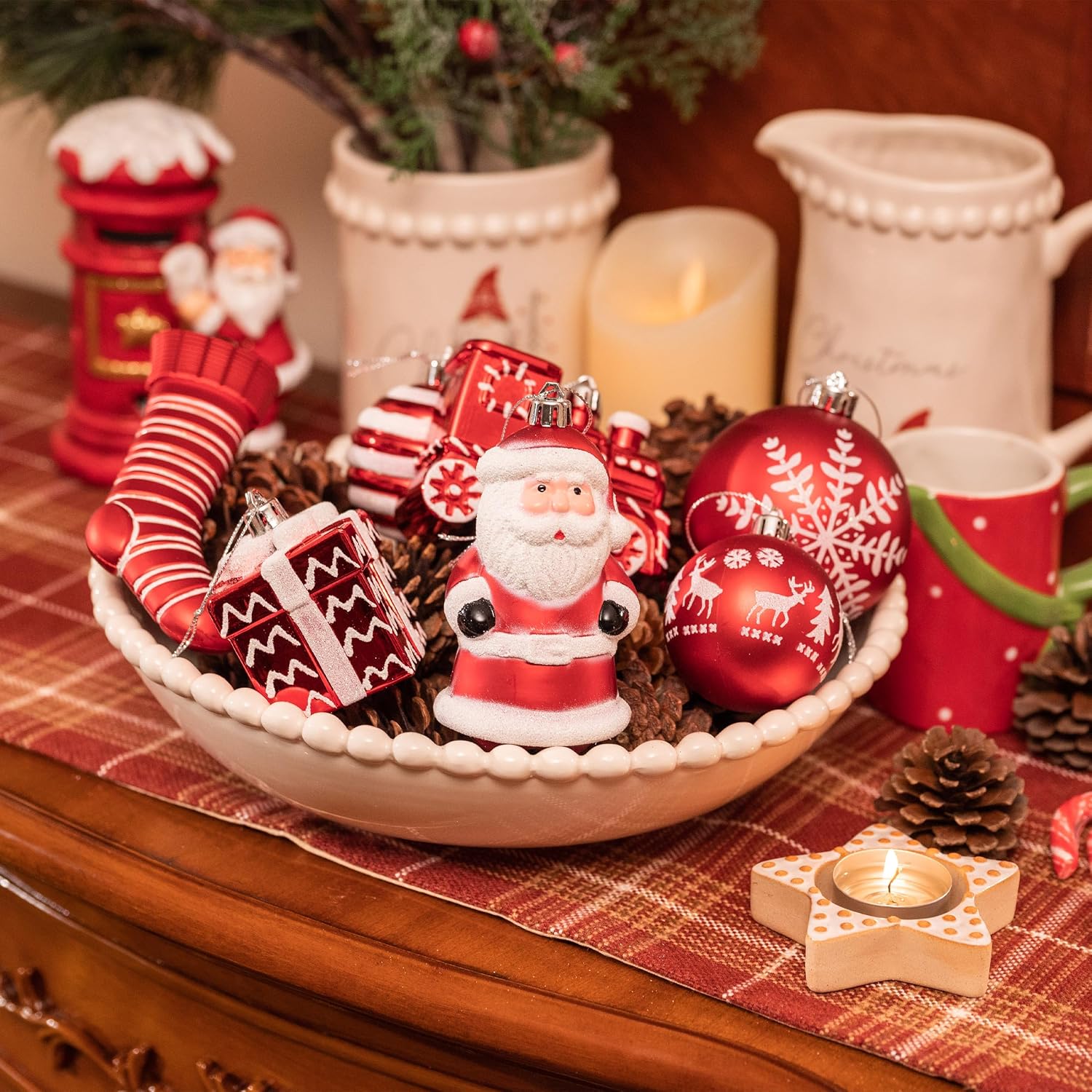 Christmas Tree Ornaments Set, 155ct Red and White Shatterproof Christmas Tree Decorations Bulk, Variety Traditional