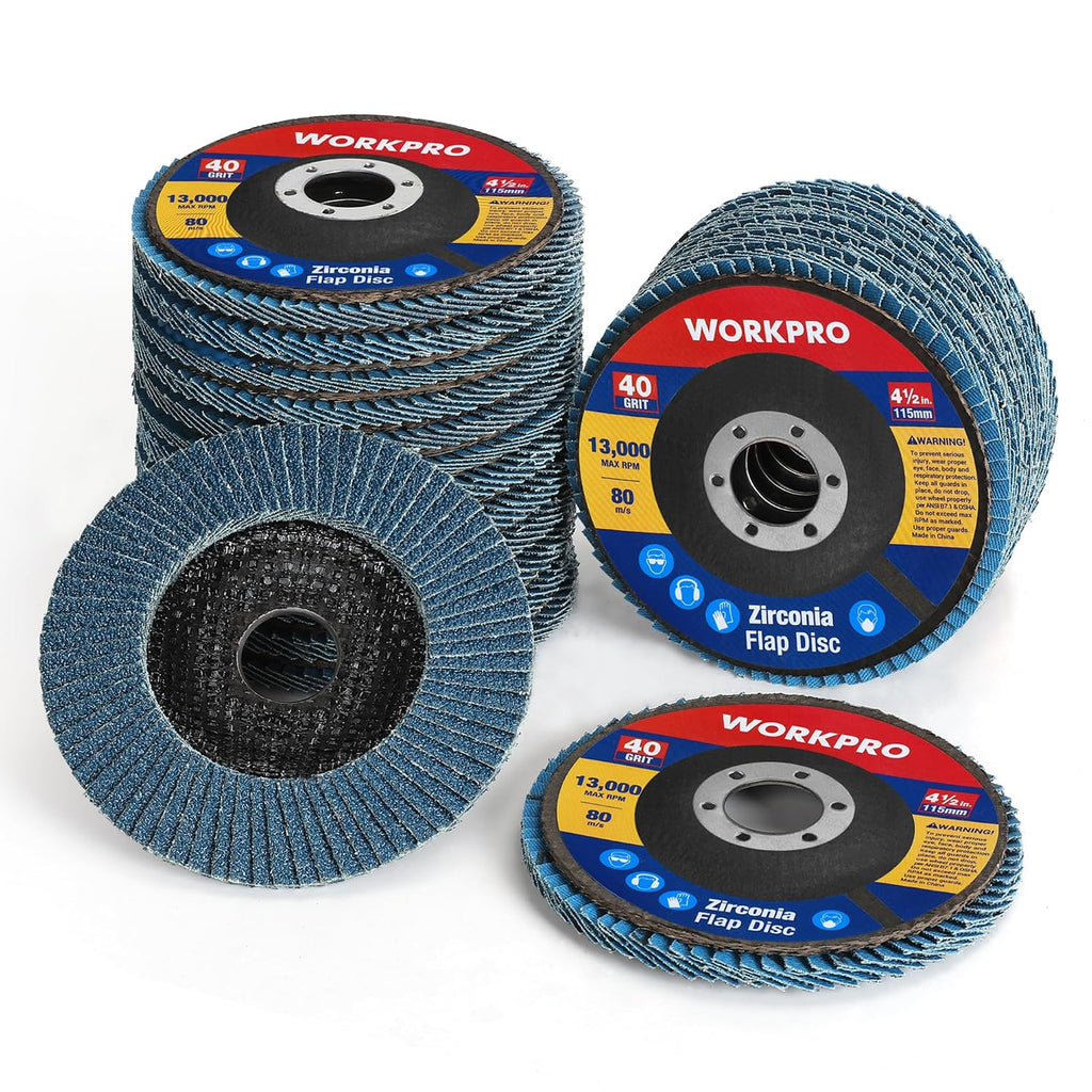 WORKPRO 20-Pack Zirconia Flap Discs, 4-1/2" x 7/8", T29, 40 Grit