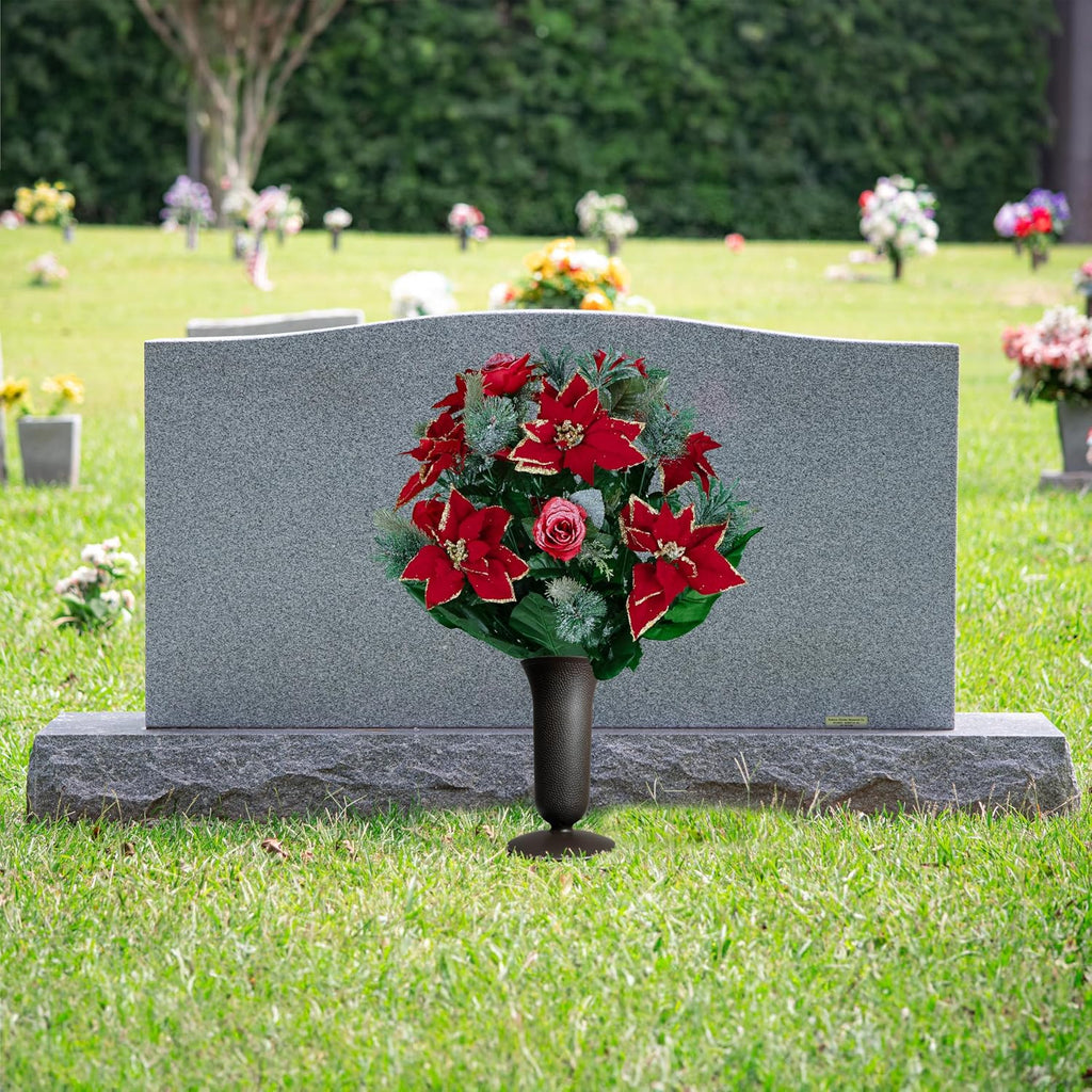 Artificial Cemetery Flowers - Red Poinsettias and Roses with Glitter and Frosted Pine Branches - (1) Bouquet (1) Vase