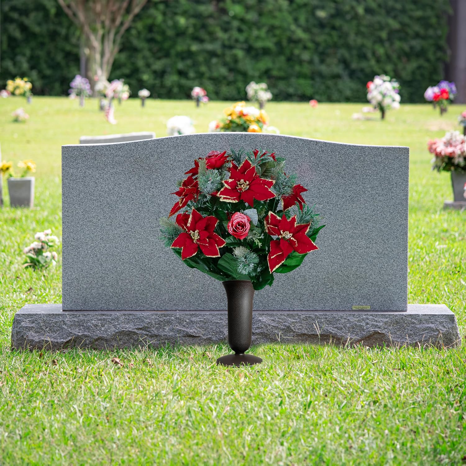 Artificial Cemetery Flowers - Red Poinsettias and Roses with Glitter and Frosted Pine Branches - (1) Bouquet (1) Vase