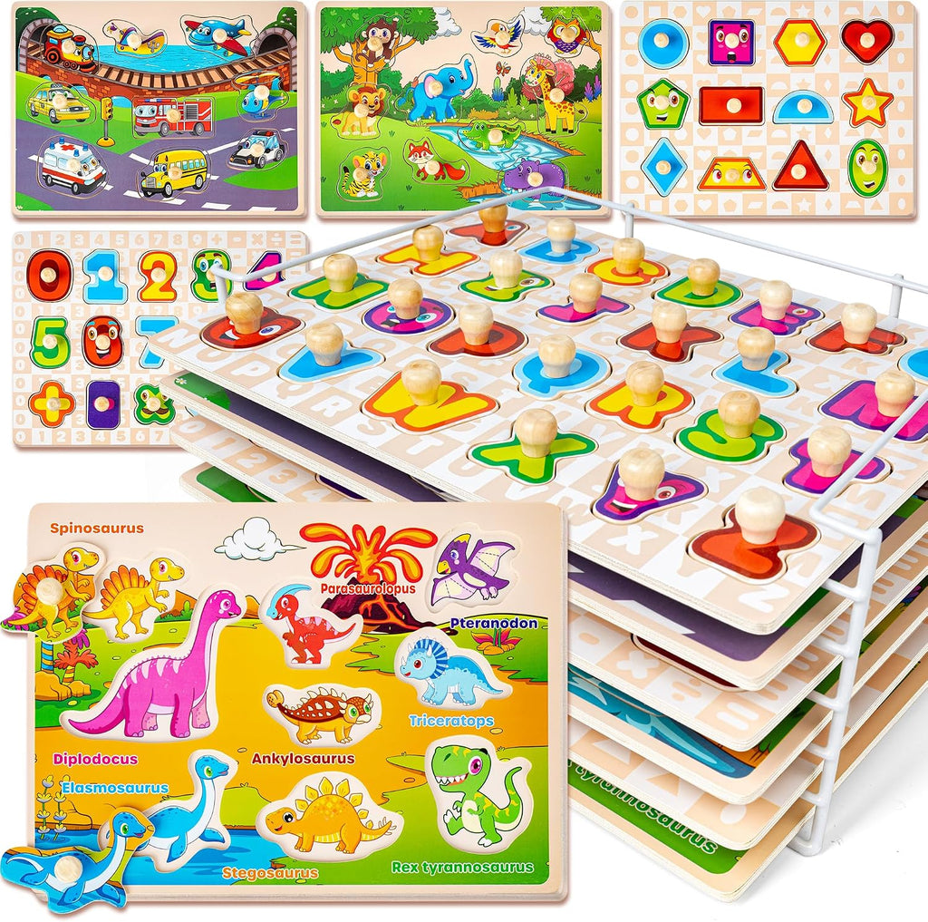 Wooden Puzzles for Toddlers 1-3, 6XSET Puzzles for Toddlers 2-4 with Rack, Learning Alphabet Number Animal Dinosaur
