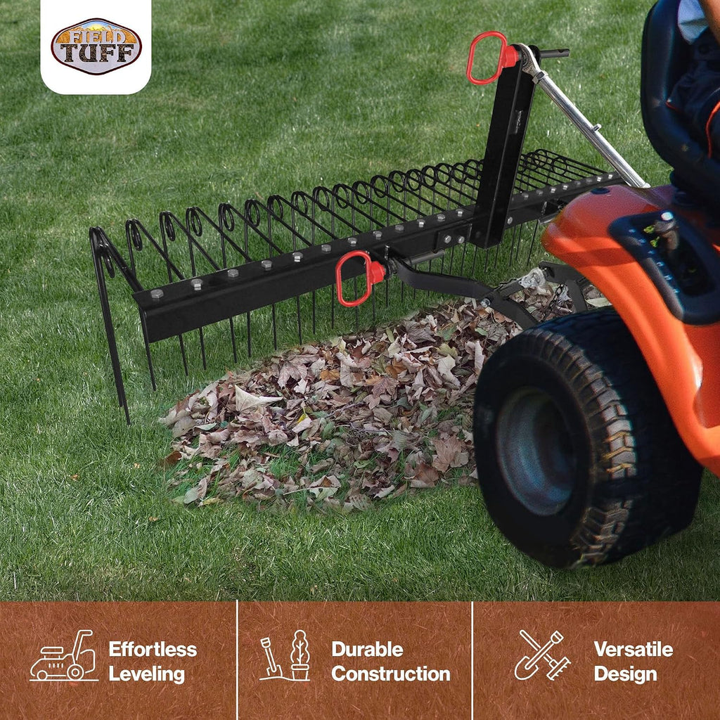 Steel Spring Coil Tine Tow Behind Landscape Rake for Leaves, Pine Needles, Straw, and Grass with 3 Point Hitch