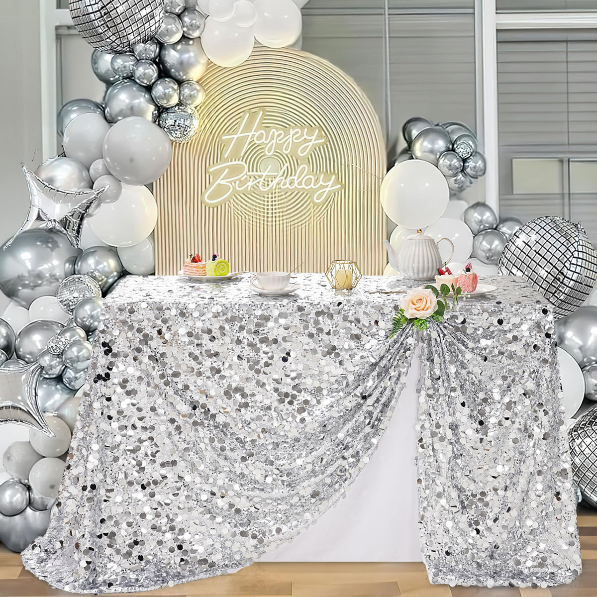 Silver Sequin Tablecloth 50x102 Inch Sparkly Rectangle Table Cloth