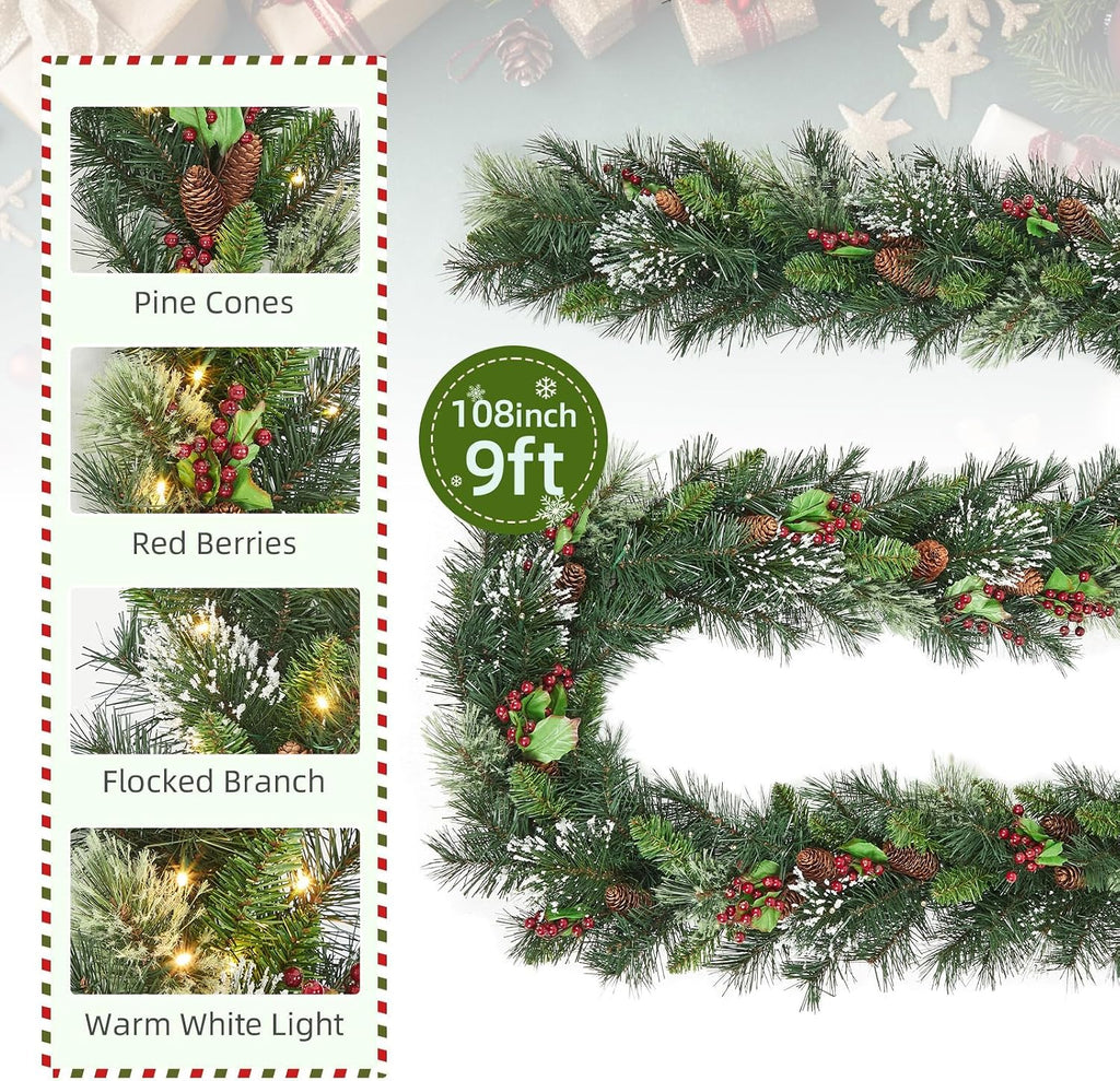 Christmas Wreath and Garland Set of 6, PreLit LED Artificial Christmas Décor with One Xmas Wreath and Arc Garland, 2