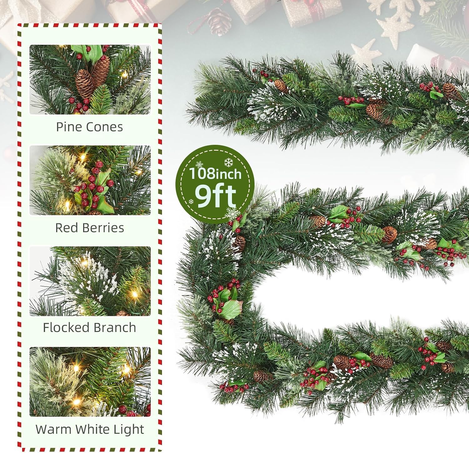 Christmas Wreath and Garland Set of 6, PreLit LED Artificial Christmas Décor with One Xmas Wreath and Arc Garland, 2