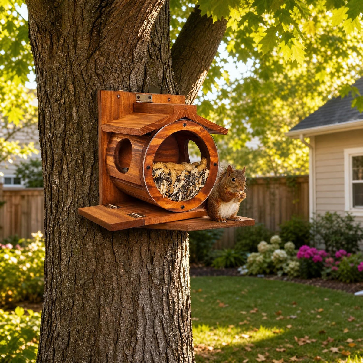 Premium Wood Squirrel Feeder House, Weatherproof Wall Mount Squirrel Food Station for Outside, Backyard Wildlife