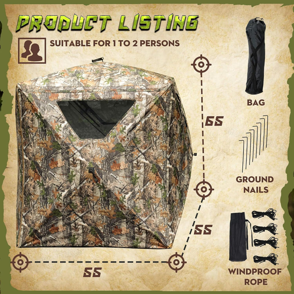 Hunting Blind, 2 Person Pop Up Blinds 360 Degree See Through, Portable Durable Hunting Ground Blinds for Deer &
