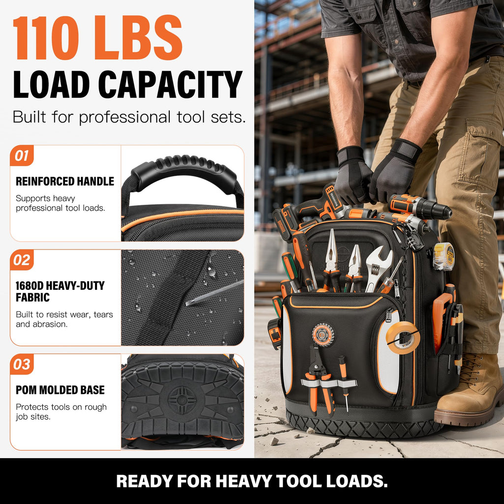 18.1-inch Heavy-Duty Tool Backpack, 75 Pockets, Black