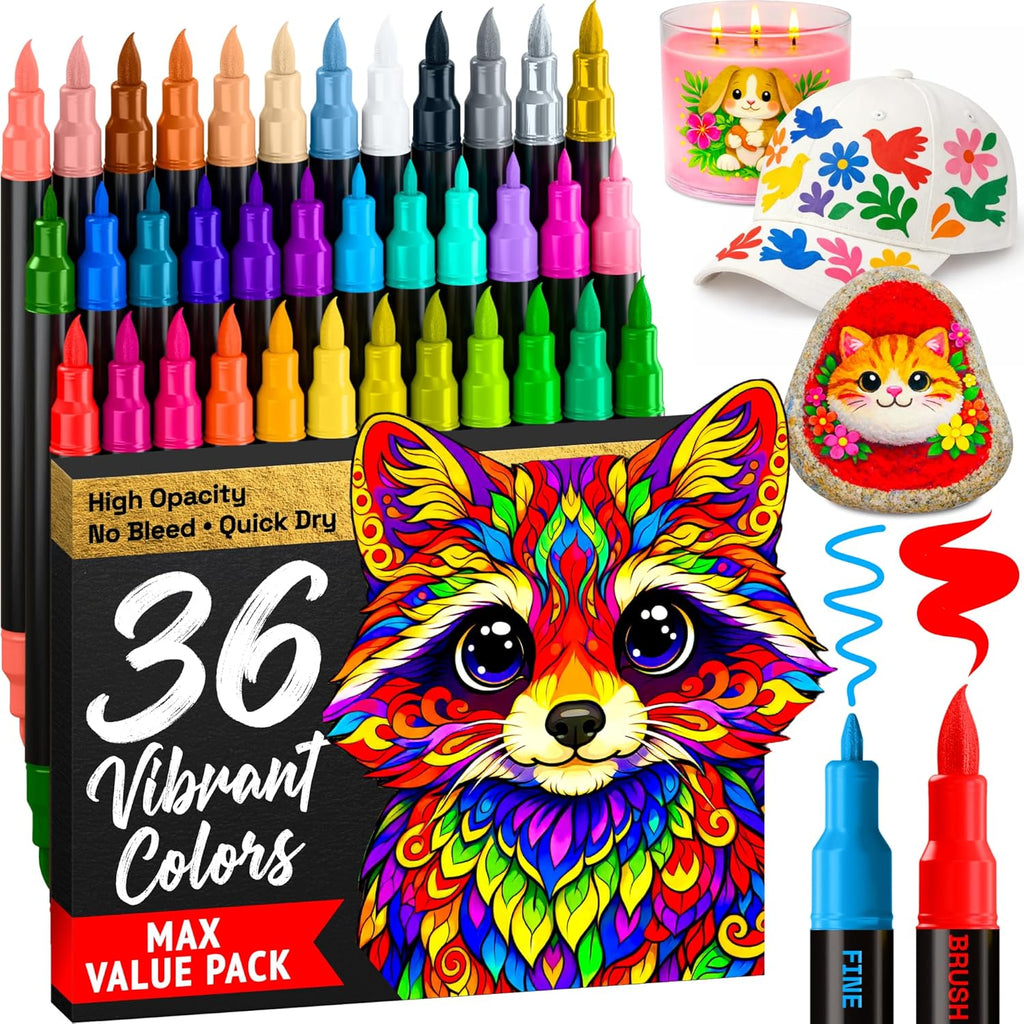 36 Acrylic Paint Markers - Paint Pens for Drawing - For Fabric, Rock, Glass, Wood, Molds - Arts & Crafts Gift for