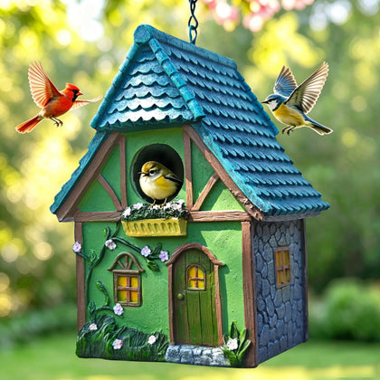 Resin Green House Hanging Bird House for Outside, Hand-Painted Resin Birdhouse with Flower & Vine Details