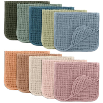 Muslin Burp Cloths 20" x 10", Pack of 10 - Large, 6-Layer, Ultra Absorbent 100% Cotton for Baby Drool and Messes
