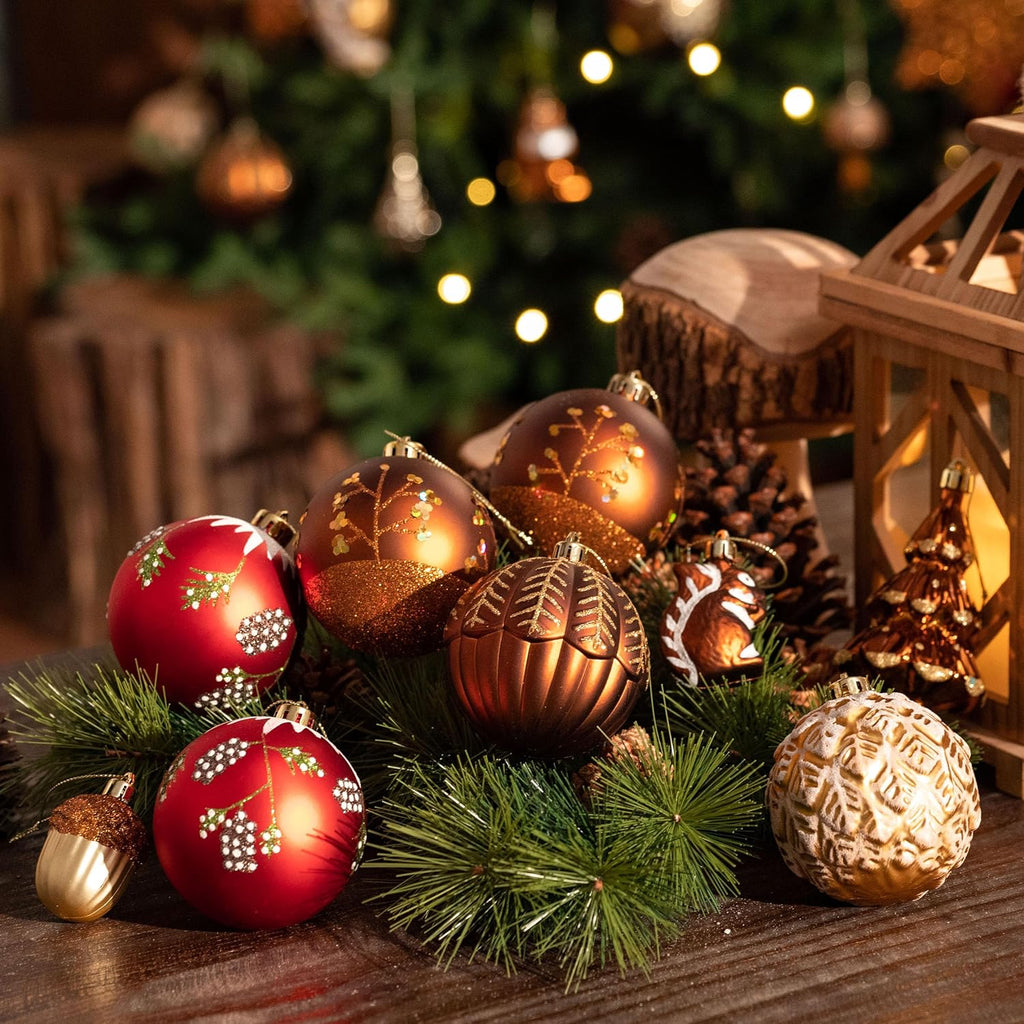 Christmas Ornaments Set, 60ct Red and Brown Shatterproof Christmas Tree Decorations, Woodland Hanging Ball Ornaments