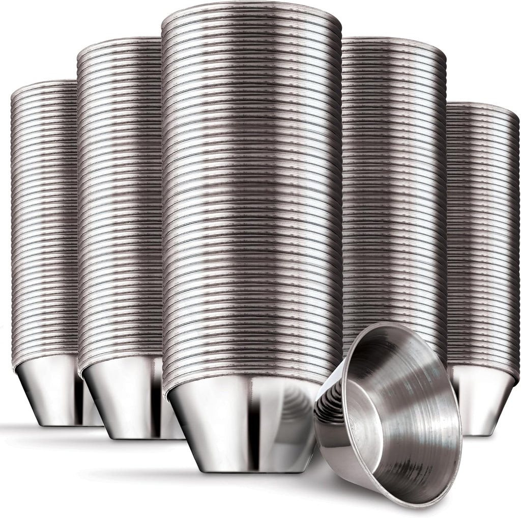 1.5 oz Stainless Steel Condiment Cups (120 Pack), Individual Portion Dipping Sauce Cups, Small Metal Ramekins for