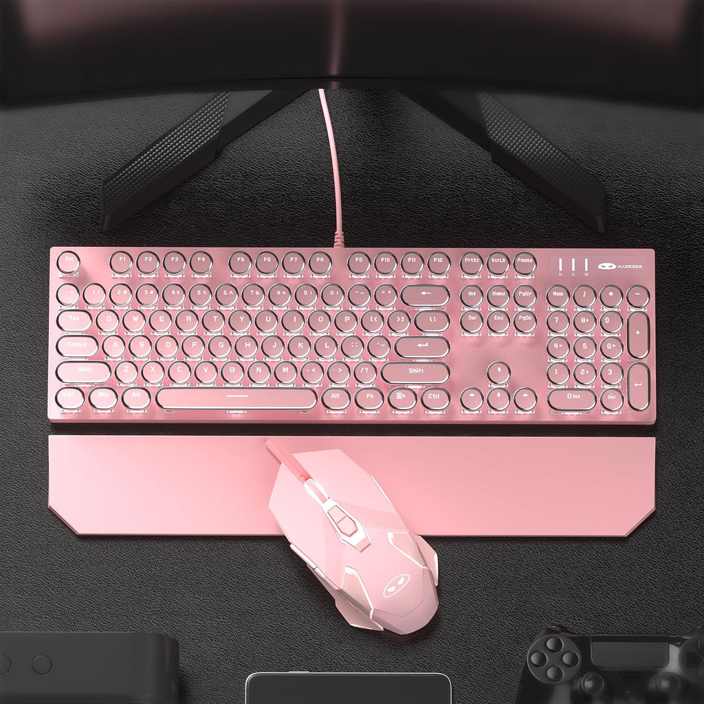 Retro Pink Typewriter-Style Keyboard and Mouse Combo, Cute Light Up Wired Mechanical Keyboard with Linear Red
