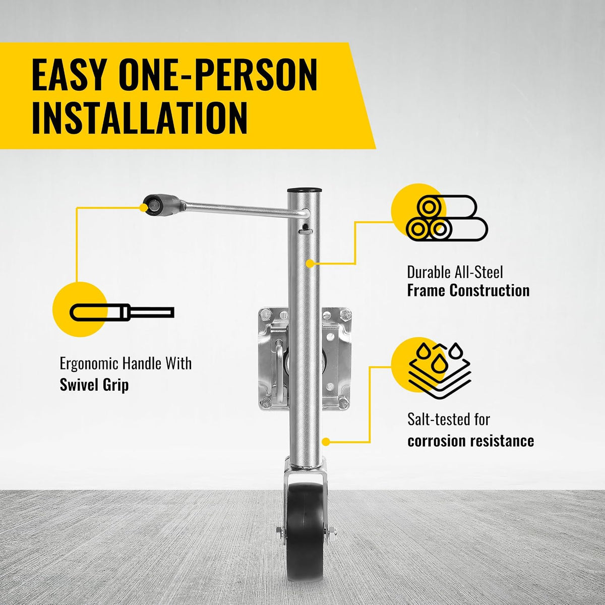 10" Lift Swing Back Trailer Jack - 1,000 lb Capacity Heavy Duty Bolt-On Trailer Tongue Jack with 6" Smooth-Rolling
