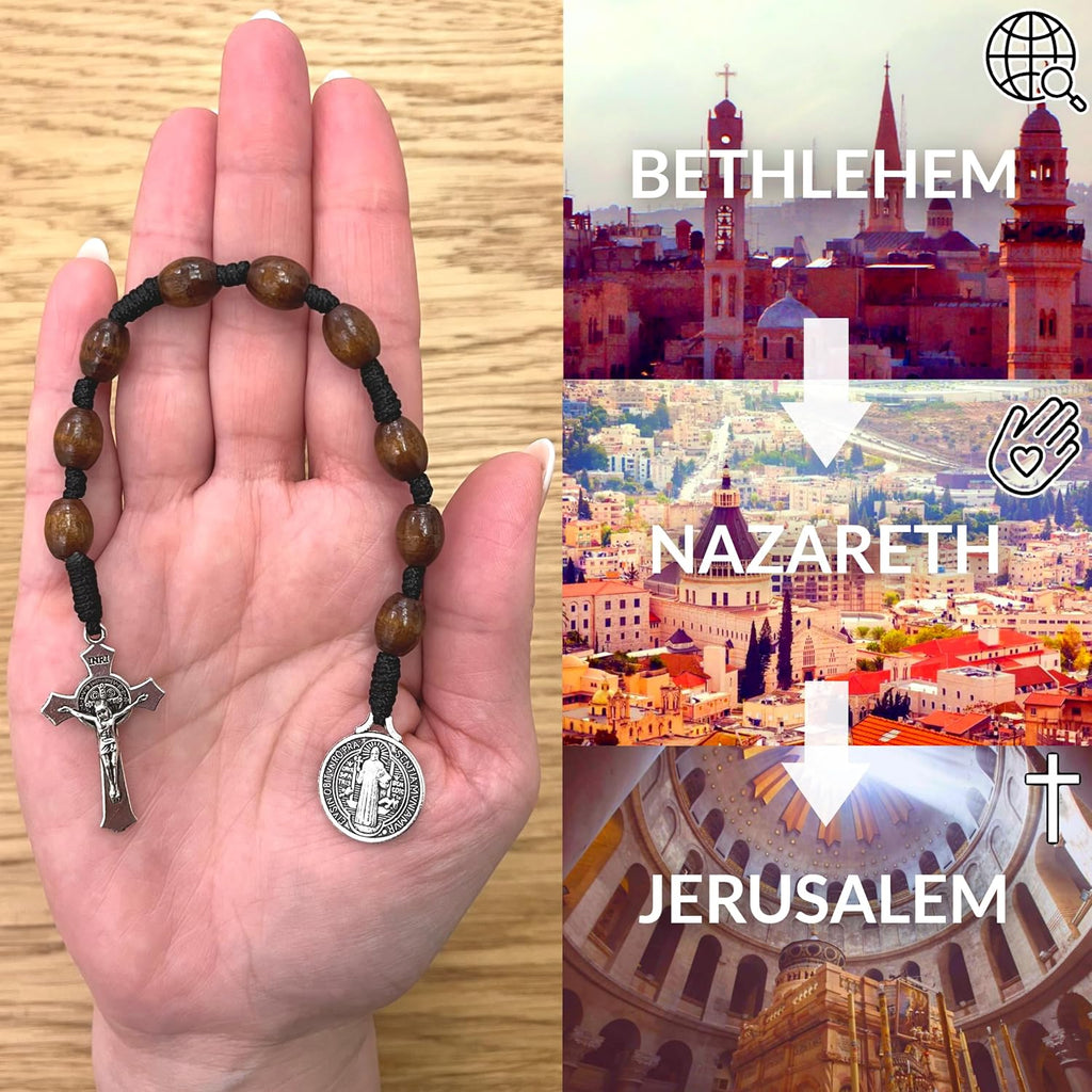 Pocket Rosary, Handmade and Blessed in the Holy Land, Prayer Beads with Saints Medal and Cross/Crucifix, Gift Pouch