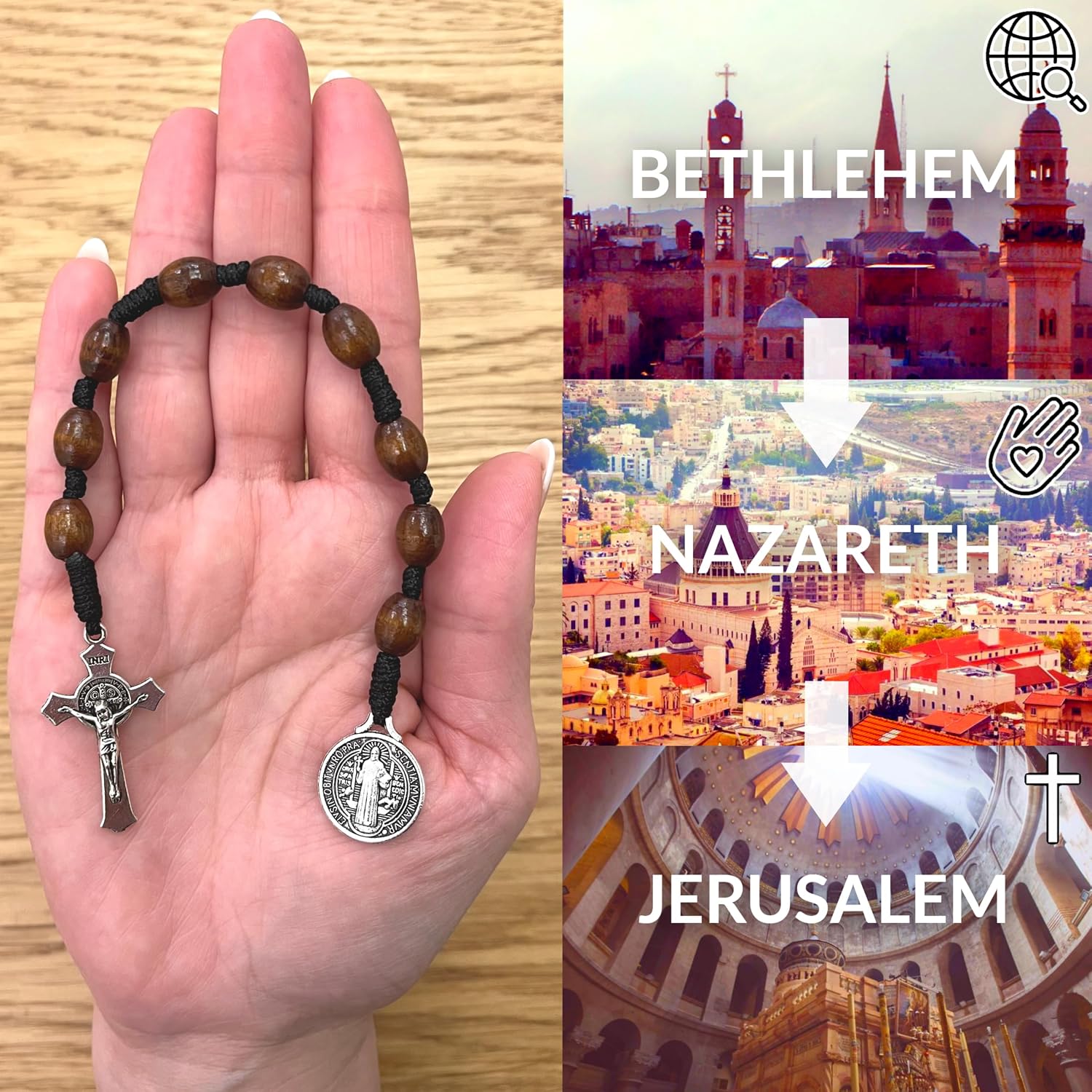Pocket Rosary, Handmade and Blessed in the Holy Land, Prayer Beads with Saints Medal and Cross/Crucifix, Gift Pouch