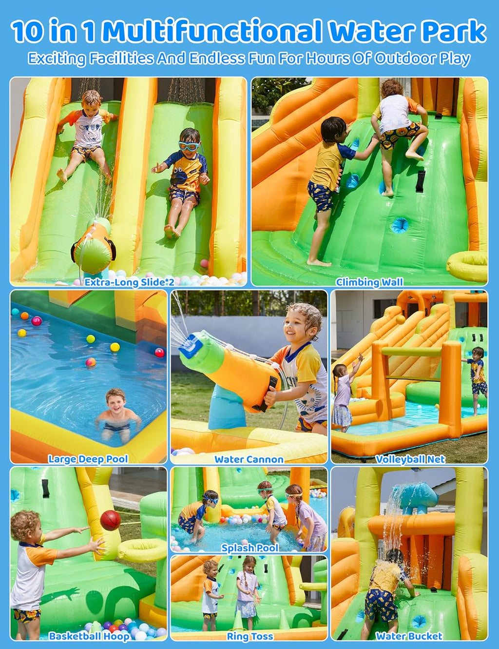 Inflatable Water Slide for Kids Backyard, 10 in 1 Water Park with Double Long Slides, Climbing Wall, Basketball Hoop