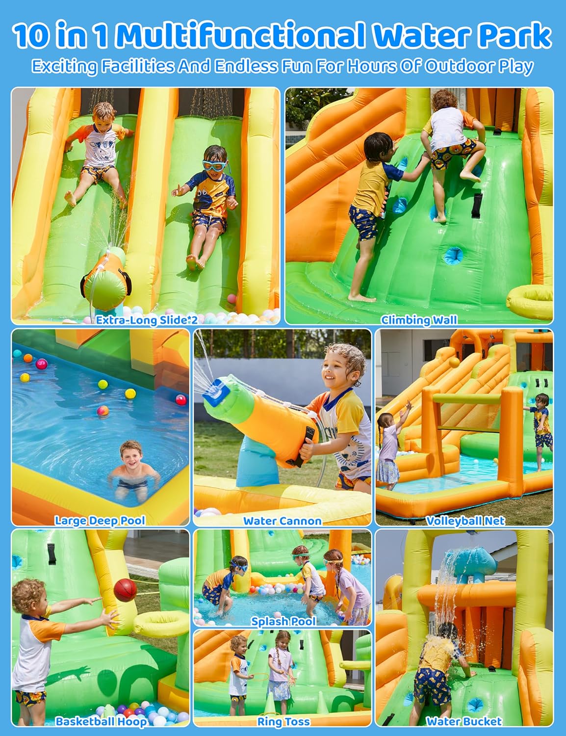 Inflatable Water Slide for Kids Backyard, 10 in 1 Water Park with Double Long Slides, Climbing Wall, Basketball Hoop