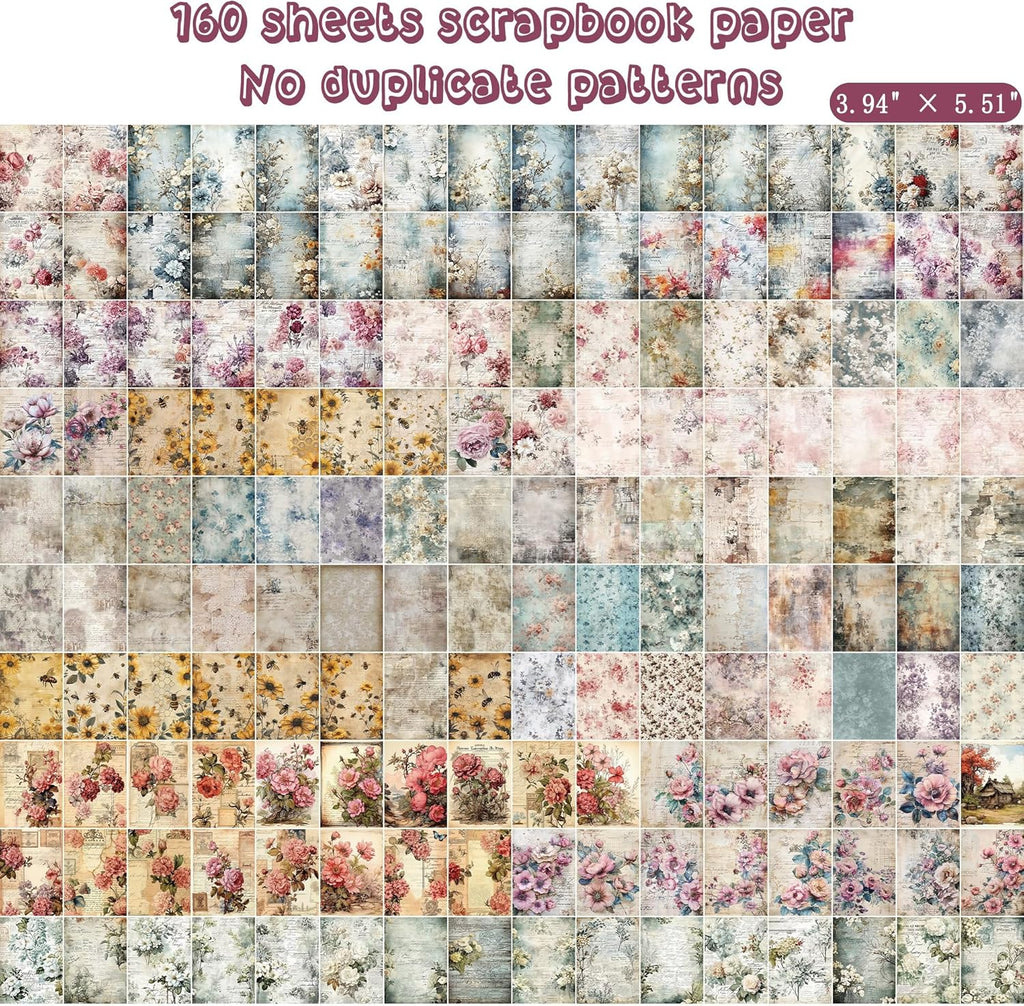 160 Sheets Vintage Flower Scrapbook Paper, Junk Journal Supplies, Purple Pink Flowers with Cursive Script No