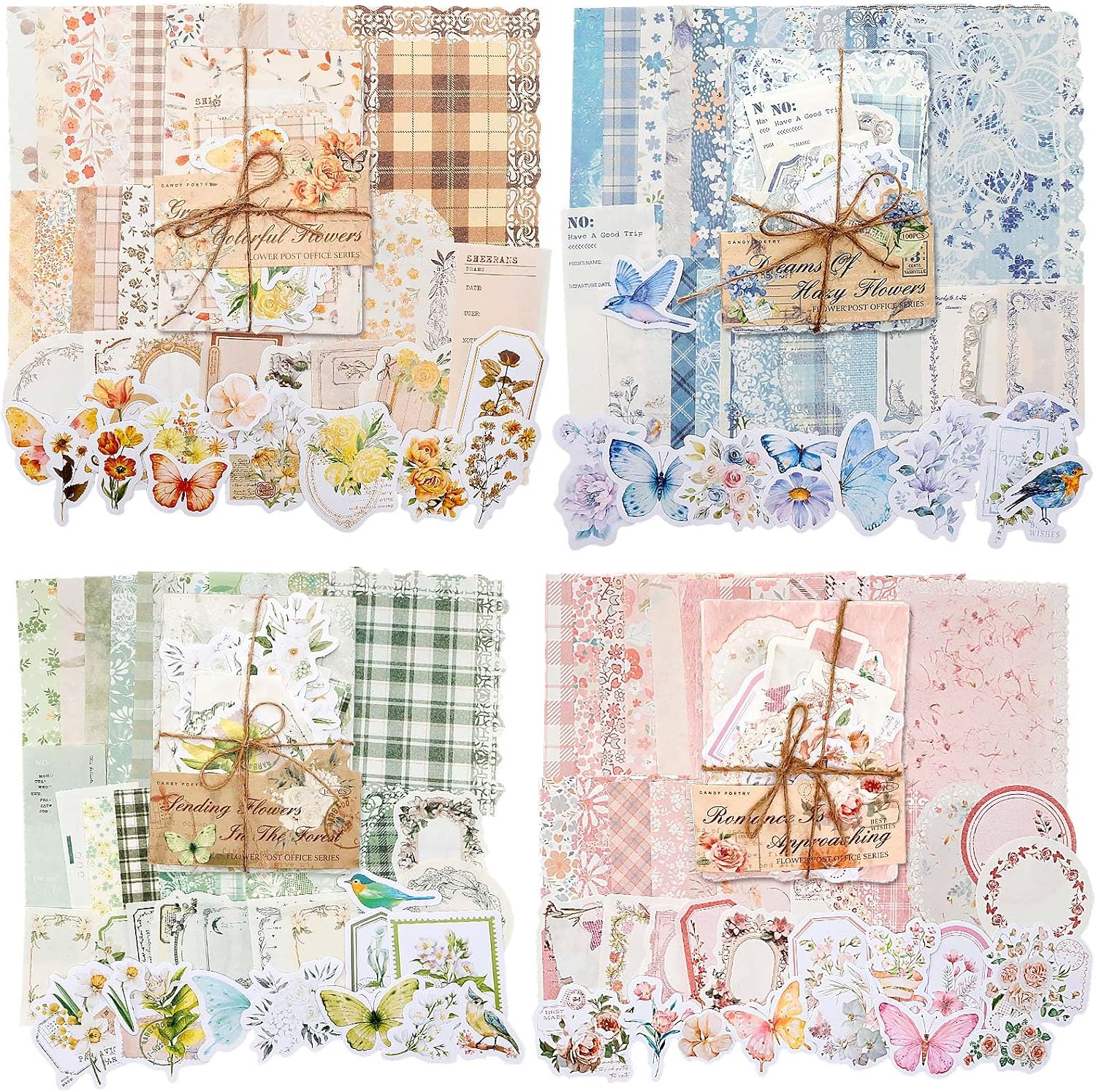 400 Pcs Vintage Floral Scrapbook Paper, Floral Journaling Stickers Kit, 4 Pack Junk Journal Supplies for Bullet