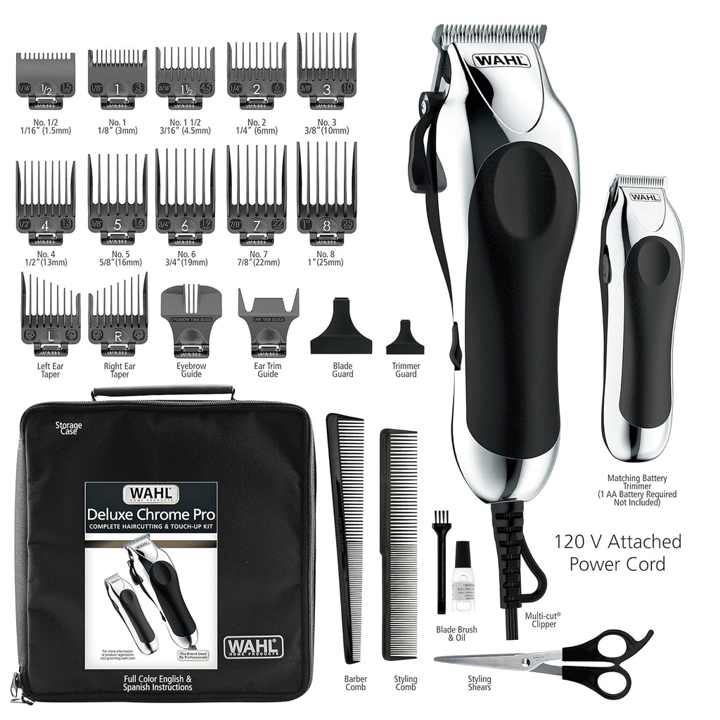 Clipper USA Deluxe Corded Chrome Pro Complete Hair & Trimming Kit | Complete Home Haircutting Kit Includes Corded