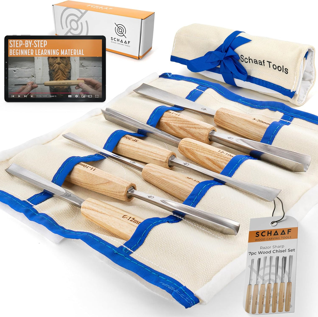 7-pc Wood Chisel Set with Gouges, Cr-V 60 Steel | Full size carving chisels for sculpture and relief carving