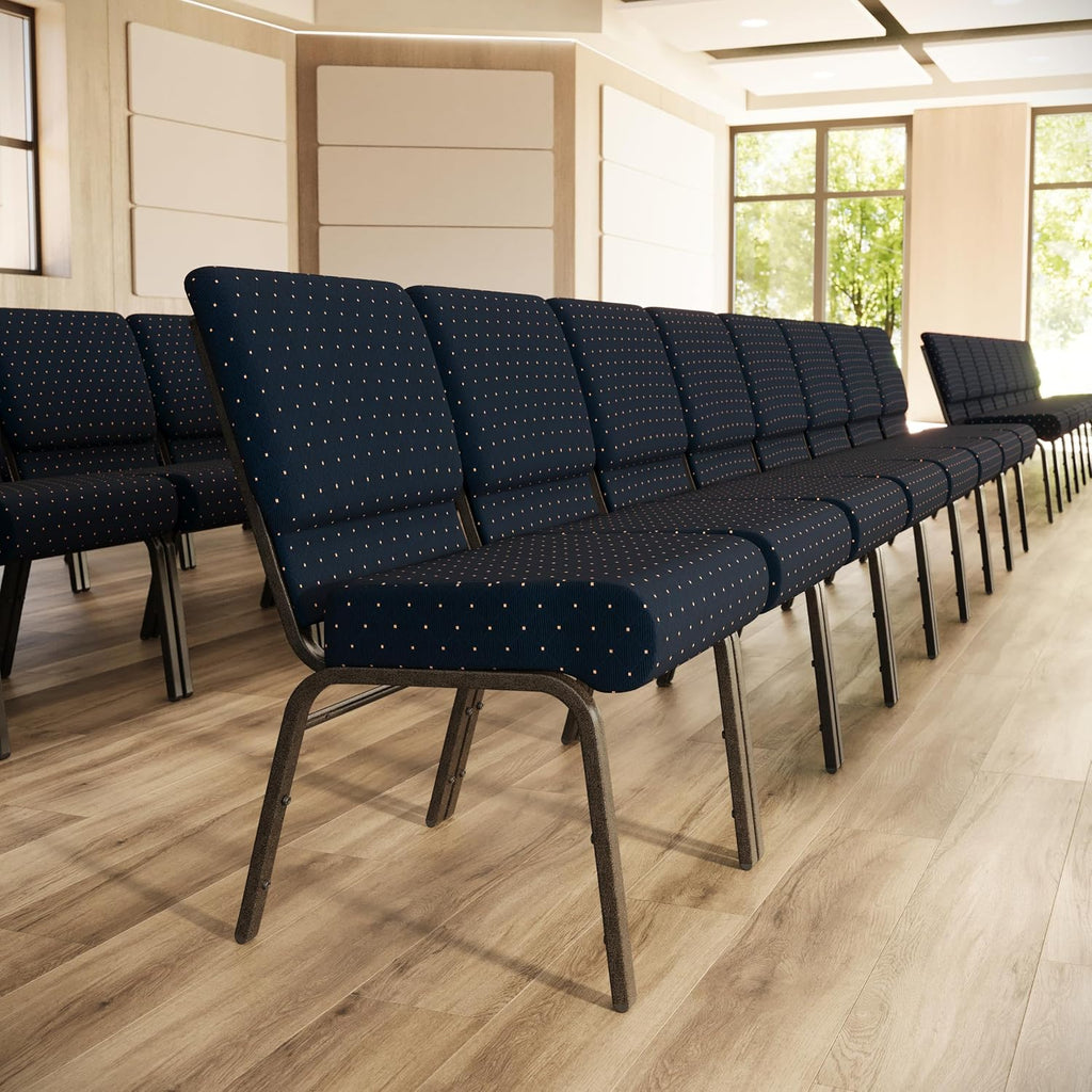 4 Pack HERCULES Series 21''W Stacking Church Chair in Navy Blue Dot Patterned Fabric - Gold Vein Frame